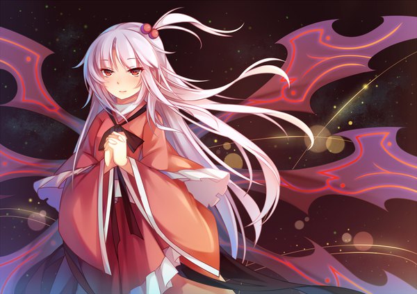 Anime picture 1414x1000 with touhou shinki (touhou) koxo-01 single long hair looking at viewer fringe smile red eyes silver hair long sleeves wide sleeves one side up hands clasped interlocked fingers asymmetrical hair multiple wings girl dress hair ornament