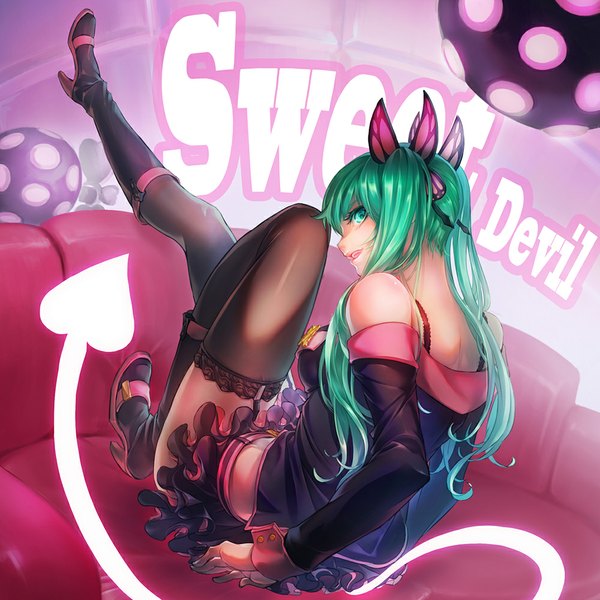 Anime picture 1000x1000 with vocaloid sweet devil (vocaloid) hatsune miku todee single long hair open mouth twintails bare shoulders aqua eyes aqua hair legs honey whip (module) girl thighhighs skirt hair ornament black thighhighs miniskirt boots