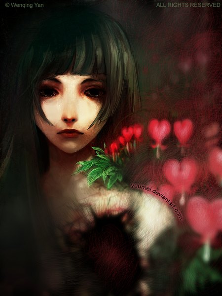 Anime picture 800x1066 with original yuumei single long hair tall image fringe green hair lips black eyes tears dark background girl plant (plants) heart leaf (leaves)