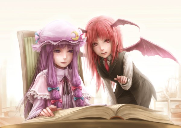 Anime picture 1500x1060 with touhou patchouli knowledge koakuma lif (lif-ppp) blush simple background red eyes white background purple eyes multiple girls purple hair red hair girl bow 2 girls hair bow wings necktie book (books) vest