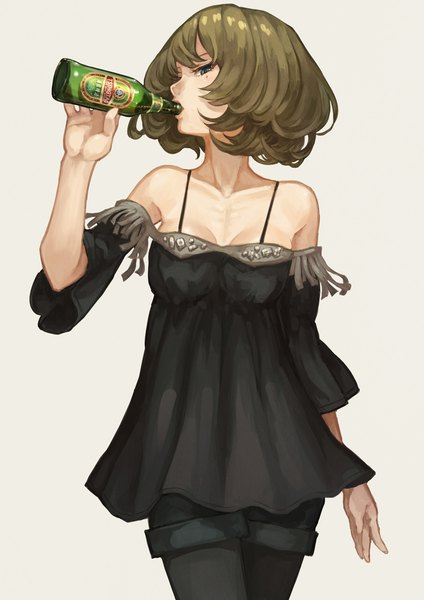 Anime picture 800x1132 with idolmaster idolmaster cinderella girls takagaki kaede kaoming single tall image blush fringe short hair simple background brown hair standing bare shoulders holding green eyes cleavage profile grey background mole wide sleeves