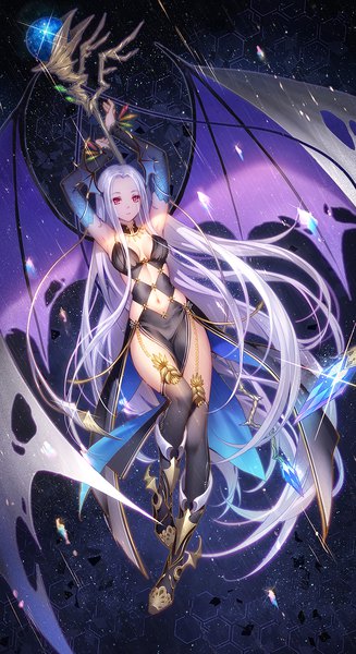 Anime picture 1000x1833 with bible bullet nidhogg (bible bullet) tidsean single tall image looking at viewer breasts light erotic silver hair full body bent knee (knees) very long hair pink eyes arms up official art side slit head wings midair girl thighhighs