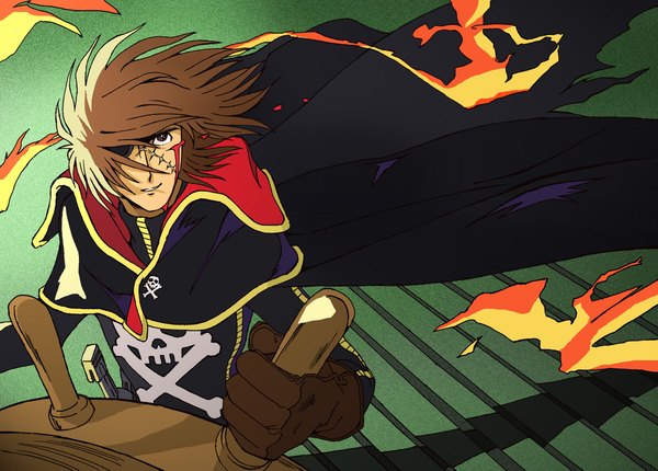 Anime picture 2316x1663 with uchuu kaizoku captain harlock toei animation captain harlock kujira gunsou fringe highres brown hair purple eyes wind hair over one eye torn clothes looking up scar bleeding skull and crossbones pirate skull print oldschool 70s boy