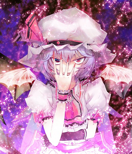 Anime picture 1000x1167 with touhou remilia scarlet yui (niikyouzou) single tall image looking at viewer short hair red eyes purple hair girl dress wings frills bonnet