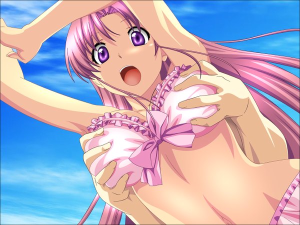 Anime picture 1280x960 with tropical kiss aoi matsuri morrow long hair looking at viewer breasts open mouth light erotic large breasts purple eyes pink hair sky cloud (clouds) arms up armpit (armpits) breast grab solo focus vector surprised girl