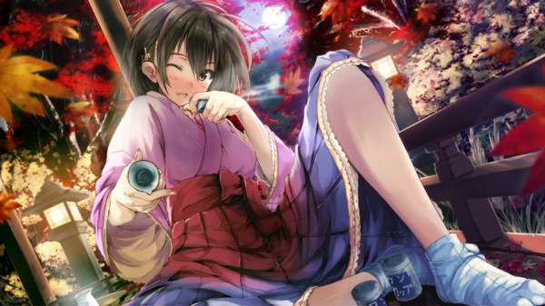 Anime picture 1920x1080 with vocaloid meiko daidou (demitasse) single blush highres short hair open mouth black hair wide image brown eyes traditional clothes one eye closed wink girl socks leaf (leaves) white socks alcohol sake