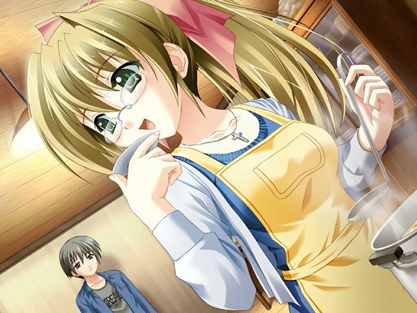 Anime picture 1024x768 with koimomo nishiki ayaka brown hair green eyes game cg girl glasses apron