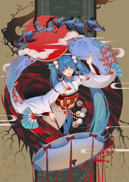 Anime picture 1414x2000 with vocaloid hatsune miku lian yao single tall image looking at viewer fringe hair between eyes twintails holding cloud (clouds) very long hair nail polish traditional clothes japanese clothes aqua eyes lips aqua hair wide sleeves alternate costume