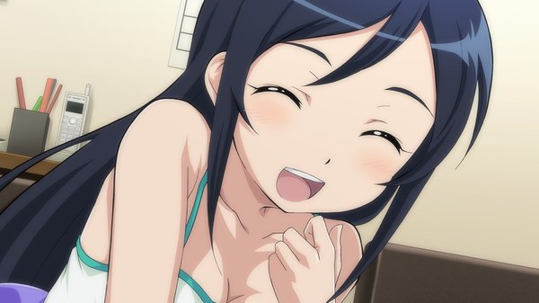 Anime picture 1280x720 with ore no imouto ga konna ni kawaii wake ga nai aragaki ayase single long hair blush open mouth black hair smile wide image bare shoulders game cg eyes closed girl