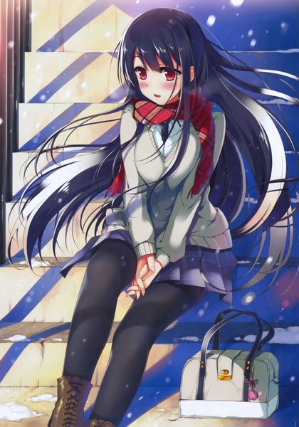 Anime picture 2207x3154 with original tagme (artist) single long hair tall image blush highres open mouth black hair red eyes sitting scan snowing winter girl skirt uniform school uniform boots scarf
