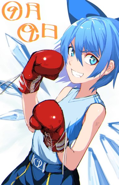 Anime picture 538x838 with touhou cirno terada yuki single tall image fringe short hair blue eyes simple background hair between eyes white background bare shoulders blue hair looking away from above grin girl bow hair bow wings