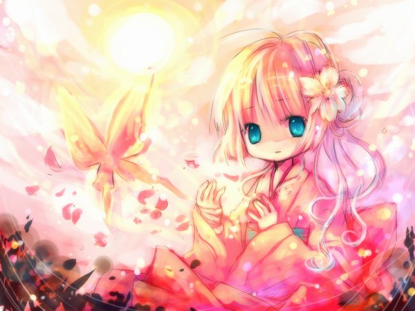 Anime picture 1024x768 with onineko single looking at viewer fringe blue eyes blonde hair payot sky traditional clothes japanese clothes hair flower sunlight loli girl flower (flowers) petals kimono insect butterfly sun