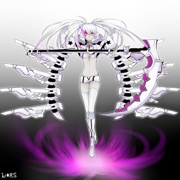 Anime picture 1250x1250 with black rock shooter white rock shooter pineapple (a30930s) single long hair simple background twintails white hair pink eyes open clothes open jacket midriff text glowing glowing eye (eyes) weightlessness glowing weapon mechanical wings girl thighhighs