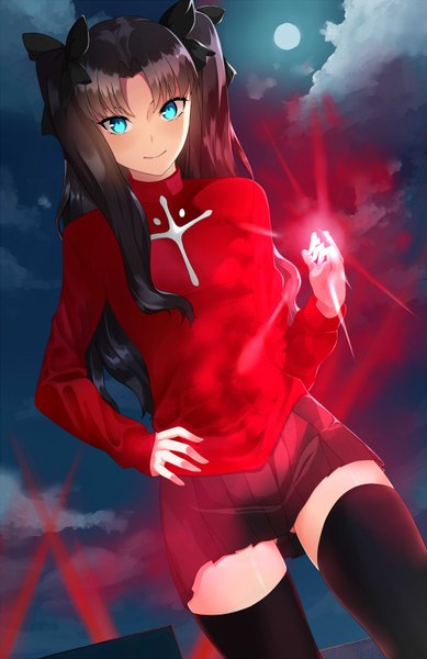 Anime picture 1098x1694 with fate (series) fate/stay night type-moon toosaka rin asato (pixiv) single long hair tall image blush blue eyes light erotic black hair smile standing twintails cloud (clouds) pleated skirt night night sky hand on hip