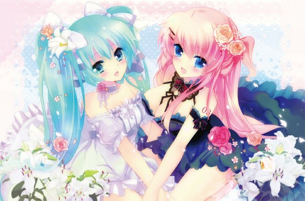 Anime picture 1000x661 with vocaloid hatsune miku megurine luka ichiyou moka long hair blush open mouth blue eyes twintails bare shoulders multiple girls pink hair hair flower aqua eyes aqua hair girl dress hair ornament flower (flowers) bow