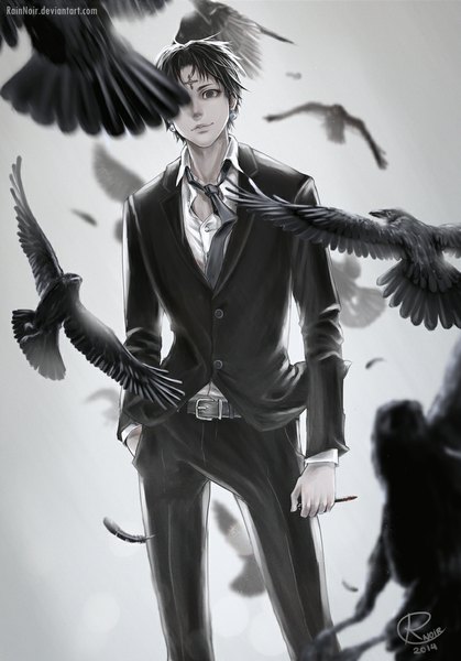 Anime picture 751x1076 with hunter x hunter chrollo lucilfer rainnoir single tall image looking at viewer short hair black hair standing holding lips black eyes grey background facial mark eyebrows open collar hand in pocket crazy boy earrings