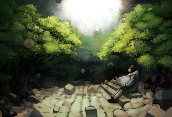 Anime picture 1200x817 with original kawazu single short hair brown hair sitting profile sunlight girl plant (plants) tree (trees) hood stairs cube
