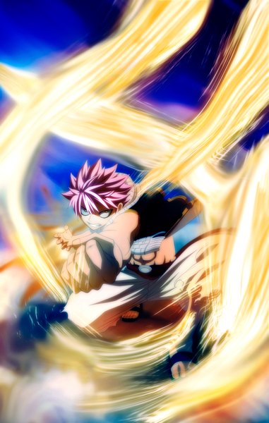 Anime picture 900x1416 with fairy tail natsu dragneel jbeenz single tall image short hair yellow eyes pink hair sleeveless grin coloring magic muscle boy scarf fire fist