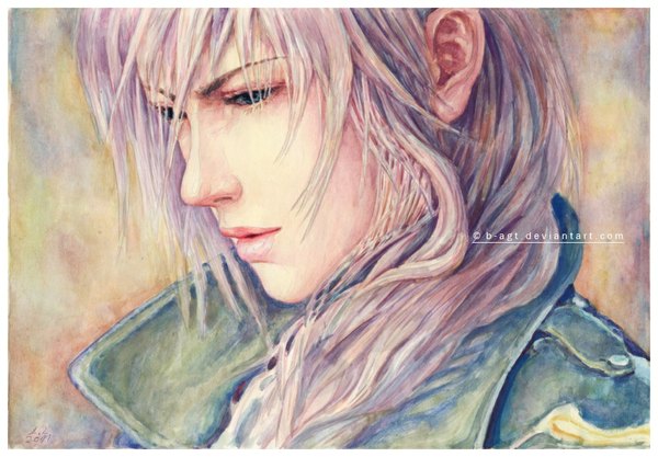 Anime picture 1024x713 with final fantasy final fantasy xiii square enix lightning farron b-agt (artist) single long hair blue eyes signed purple hair lips realistic border traditional media watercolor (medium) girl