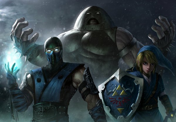 Anime picture 1023x715 with x-men the legend of zelda mortal kombat marvel comics link sub-zero the juggernaut (x-men) billy christian short hair blue eyes blonde hair traditional clothes japanese clothes pointy ears multiple boys magic glowing blue background glowing eye (eyes) muscle