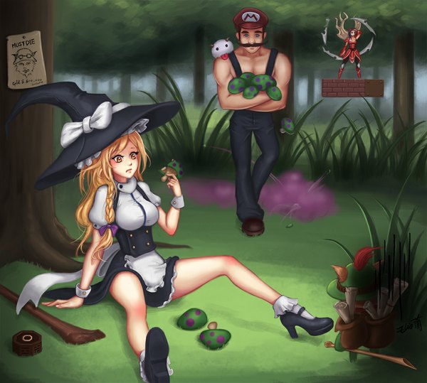 Anime picture 1112x1000 with touhou league of legends super mario bros. kirisame marisa teemo (league of legends) irelia (league of legends) poro (league of legends) braum (league of legends) eliskalti long hair short hair breasts blue eyes blonde hair multiple girls yellow eyes spread legs eating cosplay mario (cosplay)