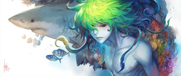 Anime picture 2000x847 with original yilee long hair looking at viewer fringe highres blue eyes wide image signed blue hair multicolored hair green hair hair over one eye two-tone hair teeth topless sharp teeth shirtless boy fish (fishes)