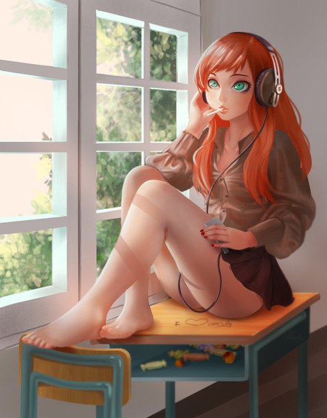 Anime picture 800x1023 with original lemon cat single long hair tall image fringe light erotic sitting green eyes looking away full body bent knee (knees) red hair indoors pleated skirt barefoot lips realistic bare legs legs