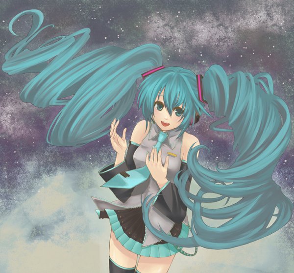Anime picture 1024x950 with vocaloid hatsune miku single long hair open mouth twintails aqua eyes aqua hair grey background girl skirt detached sleeves necktie