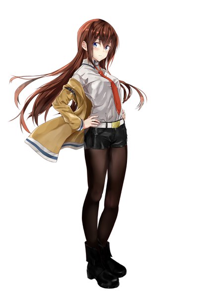 Anime picture 2150x3180 with steins;gate white fox makise kurisu fujisaki ribbon single long hair tall image looking at viewer blush fringe highres blue eyes simple background hair between eyes brown hair standing white background full body off shoulder hands on hips