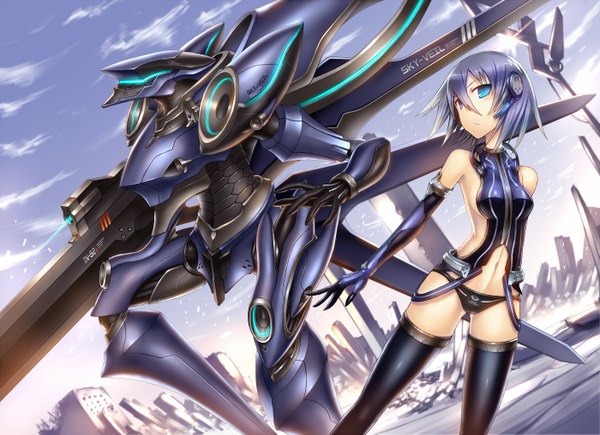 Anime picture 1400x1017 with original gia single short hair blue eyes light erotic bare shoulders blue hair cloud (clouds) midriff mechanical science fiction futuristic girl thighhighs gloves navel underwear panties weapon