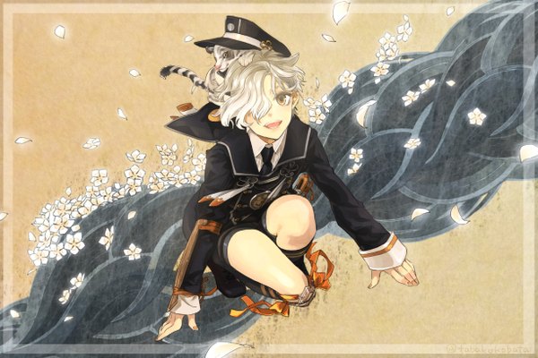 Anime picture 1226x819 with touken ranbu nitroplus gokotai gokotai's tigers tobacco (tabakokobata) single looking at viewer fringe short hair open mouth brown eyes full body white hair wind hair over one eye arm support dutch angle squat framed military