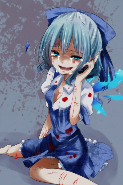 Anime picture 1200x1800 with touhou cirno negiko (artist) single tall image short hair blue eyes blue hair tears torn clothes crying girl dress bow weapon hair bow wings blood