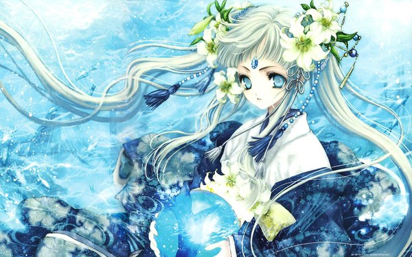 Anime picture 1920x1200 with azumi tooru single long hair highres blue eyes wide image white hair japanese clothes hair flower girl hair ornament kimono jewelry