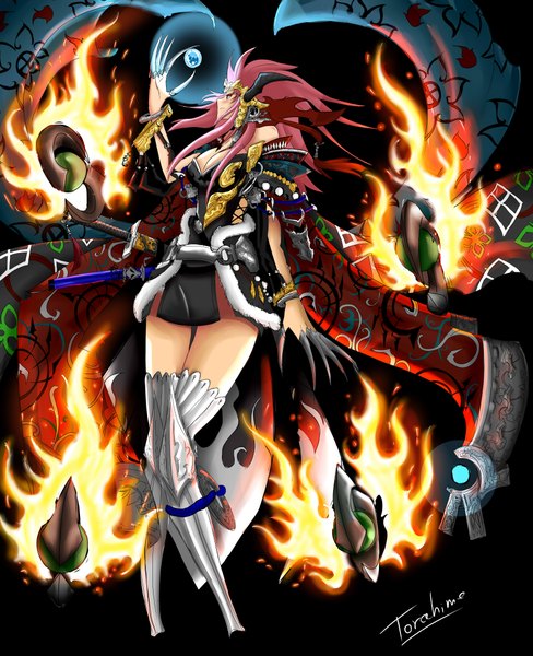 Anime picture 3500x4300 with original torahime (roland00) single long hair tall image highres red eyes pink hair absurdres horn (horns) magic girl sword fire ball claws