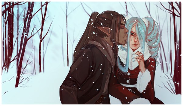 Anime picture 1800x1047 with original reimann long hair highres blue eyes brown hair wide image twintails ponytail braid (braids) eyes closed nail polish pointy ears couple drill hair snowing winter snow elf kiss