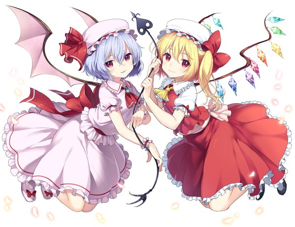 Anime picture 1330x1026 with touhou flandre scarlet remilia scarlet reimin looking at viewer blush fringe short hair simple background blonde hair smile hair between eyes red eyes white background multiple girls blue hair full body puffy sleeves one side up bat wings