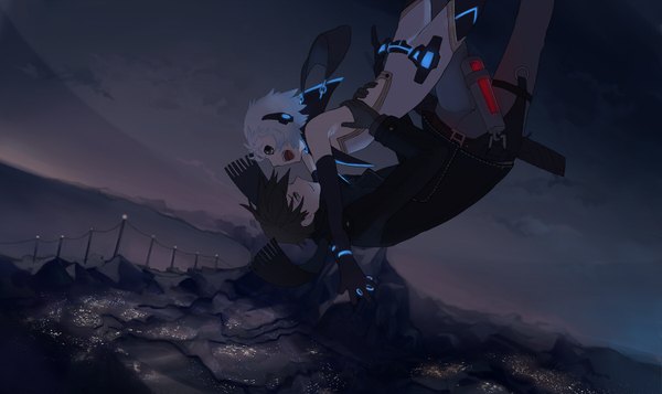 Anime picture 1800x1072 with kz-kura highres short hair open mouth black hair wide image bare shoulders green eyes grey hair black eyes couple hug mountain flying girl boy gloves elbow gloves scarf