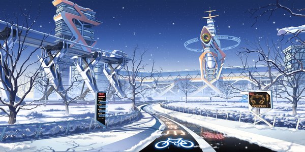 Anime picture 1500x750 with mirai millenium pinakes wide image night snowing winter snow no people scenic nature plant (plants) tree (trees) building (buildings) road traffic sign