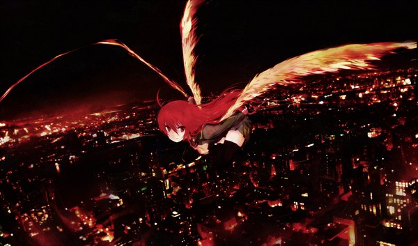 Anime picture 1237x728 with shakugan no shana j.c. staff shana nekoya (liu) single long hair fringe smile hair between eyes red eyes wide image payot looking away ahoge bent knee (knees) red hair long sleeves pleated skirt from above night