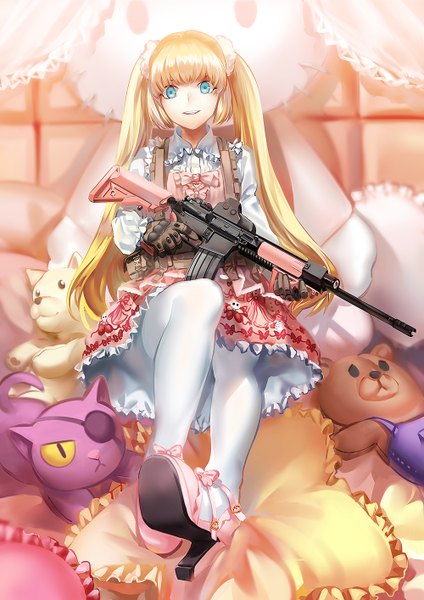 Anime picture 1000x1414 with original rff (3 percent) single long hair tall image open mouth blonde hair smile girl dress gloves weapon shoes frills pillow gun toy stuffed animal assault rifle