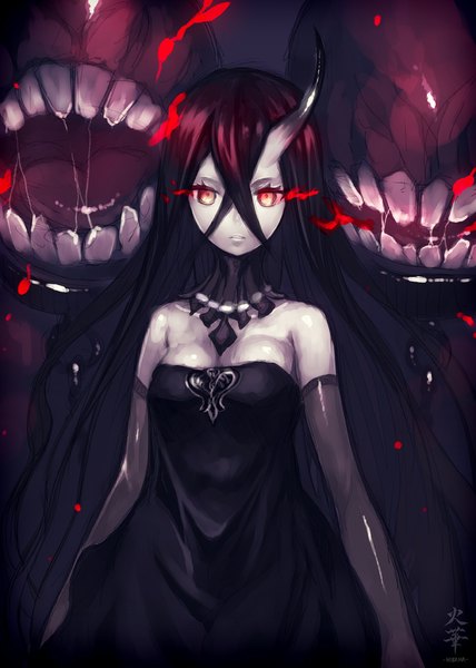 Anime picture 713x1000 with kantai collection battleship water oni capriccio long hair tall image looking at viewer open mouth black hair hair between eyes red eyes standing bare shoulders horn (horns) teeth glowing glowing eye (eyes) saliva oni horns girl dress