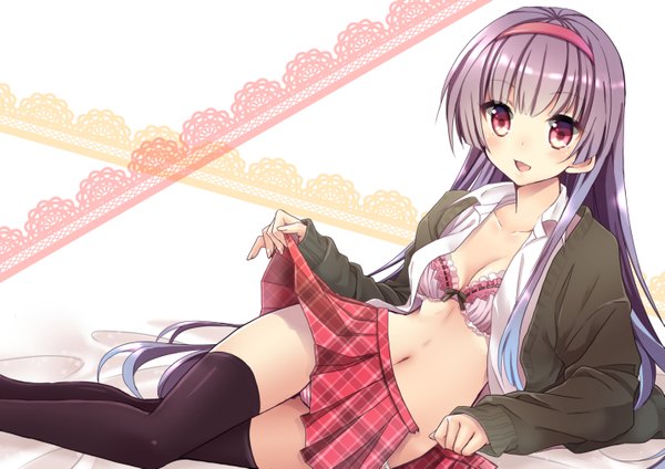 Anime picture 1433x1013 with original i m a single long hair looking at viewer open mouth light erotic red eyes pleated skirt open clothes midriff open shirt reclining girl thighhighs navel underwear panties black thighhighs hairband