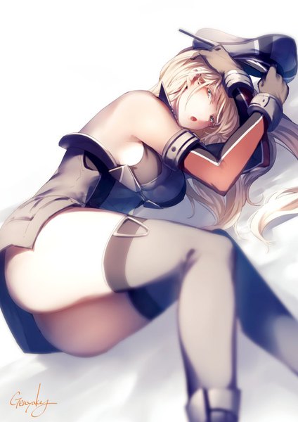Anime picture 700x990 with kantai collection bismarck battleship kyouya (mukuro238) single long hair tall image looking at viewer breasts open mouth blue eyes light erotic large breasts signed bent knee (knees) ass lying sideboob adjusting hair on side girl