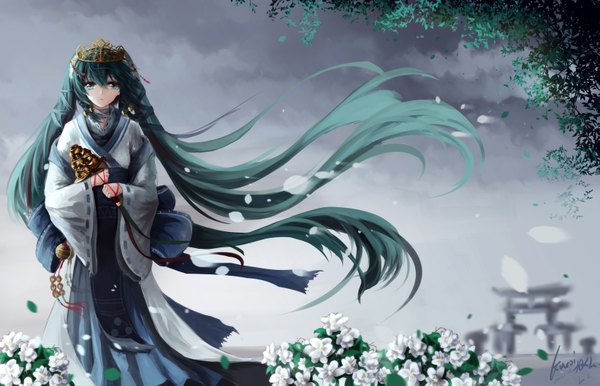 Anime picture 3281x2114 with vocaloid hatsune miku asahi kuroi single looking at viewer highres blue eyes twintails absurdres very long hair traditional clothes japanese clothes aqua hair girl hair ornament flower (flowers) petals kimono