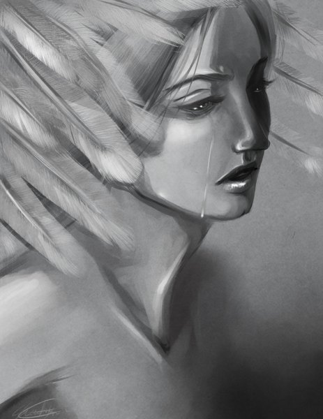 Anime picture 1280x1656 with original sparkyyy (artist) single tall image open mouth bare shoulders signed tears monochrome girl feather (feathers)