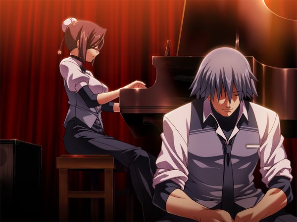 Anime picture 1024x768 with hotel (game) short hair black hair sitting game cg grey hair girl boy shirt glasses necktie piano
