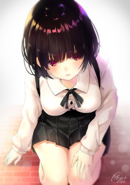 Anime picture 1061x1500 with original amahara pekozaemon single tall image blush short hair breasts open mouth black hair large breasts sitting signed looking away bent knee (knees) head tilt pleated skirt pink eyes arm support hand on hip lens flare