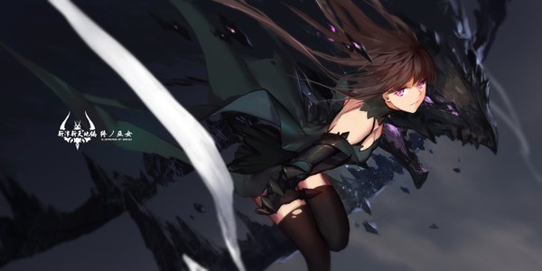 Anime picture 1276x638 with original pixiv fantasia pixiv fantasia t swd3e2 single long hair looking at viewer fringe smile brown hair wide image purple eyes signed leaning leaning forward sleeveless outstretched arm glowing watermark glowing eye (eyes)