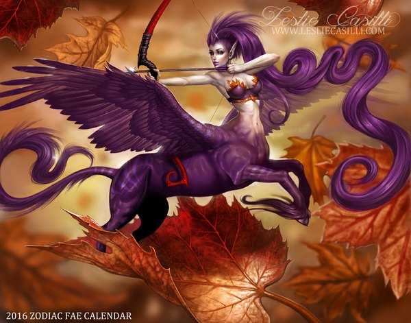 Anime picture 1100x864 with calendar project (enchantress-lele) sagittarius (calendar project) enchantress-lele single breasts purple eyes bare shoulders purple hair tail very long hair lips pointy ears lipstick monster girl purple lipstick girl navel weapon wings bow (weapon)