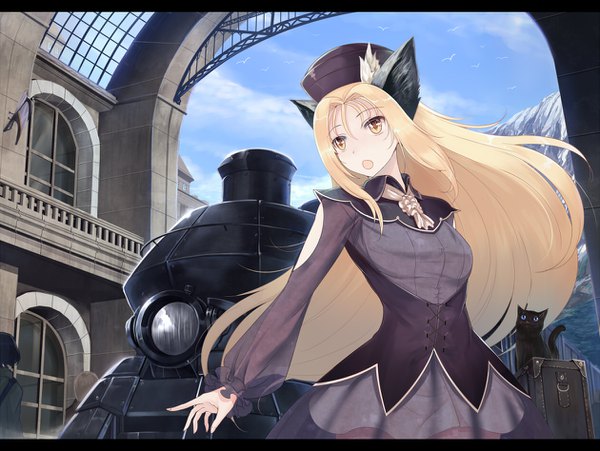 Anime picture 1260x948 with original sts long hair open mouth blonde hair animal ears yellow eyes looking away cat ears from below cat girl letterboxed solo focus mountain girl dress hat animal bird (birds) cat